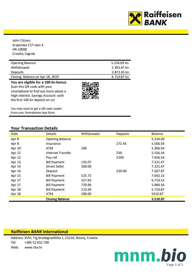 Chorwacja Raiffeisen wyciąg bankowy łatwe do wypełnienia szablonu .xls i .format pliku pdf